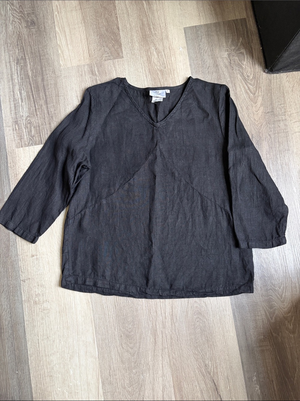 Hot Cotton by Marc Ware Black V-Neck Long Sleeve 100% Linen Blouse Size MP